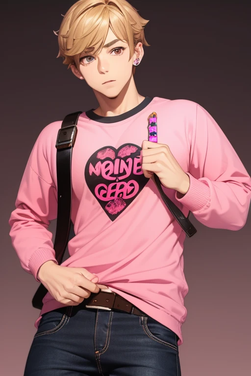 Gumball Handsome 18 year old boy with blonde brown hair, with a pink streak, light skin, pierced ears, honey brown eyes, open pink sweatshirt, black shirt with a candy castle print, black belt, red jeans, looking directly at the viewer on a white background.