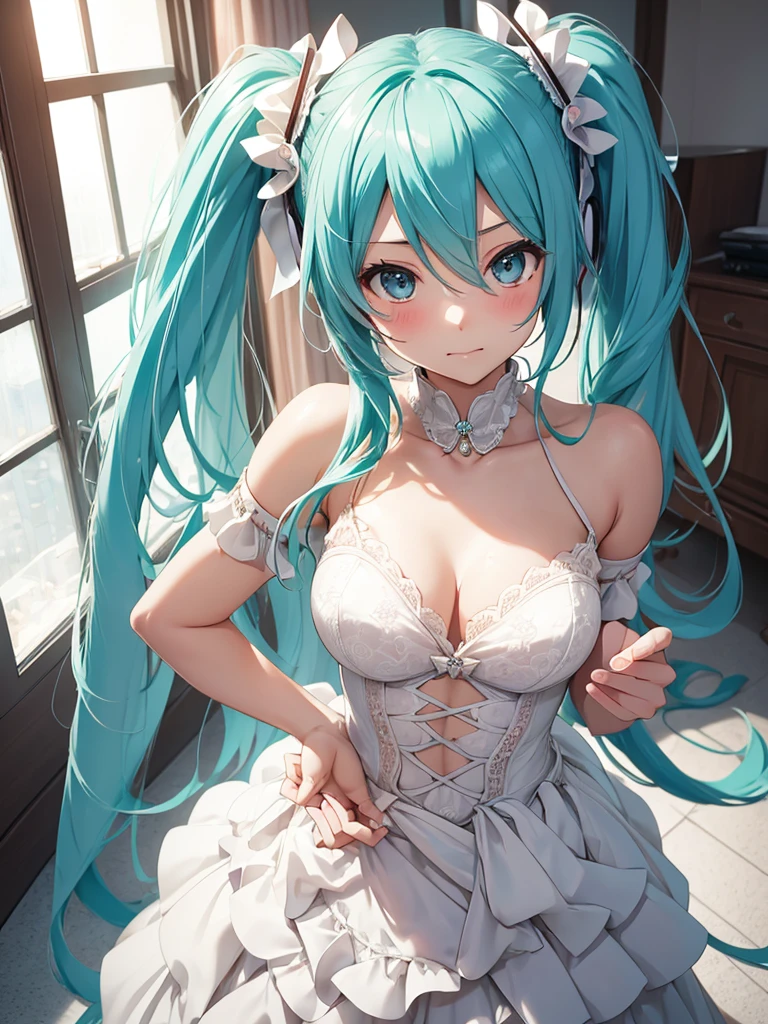 Hot hatsune miku, very cute, very embarrassed, wedding dress