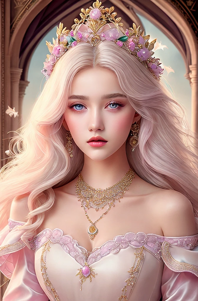 White Blonde hair, fluffy hair, stylish hair, long hair, lilac eyes, perfect eyes, beautiful, perfect face, tween, dainty , short, kind, curvy, a flowing pale airy gown with ruffles along the bottom with tiny pink flowers and gold dragon embroideries with flowers, Her tiara had a pretty teal gemstones, silver necklace, noble class, royal, royalty, red castle, feasting hall, medieval, elegant surroundings, soft dewy makeup look, light peach blush, soft tan eyeshadow, light coral lipstick, cutesy, girlish, girly, guileless, ingénue, princess , whimsical lighting, Targaryen, dragons in the sky, photorealistic
