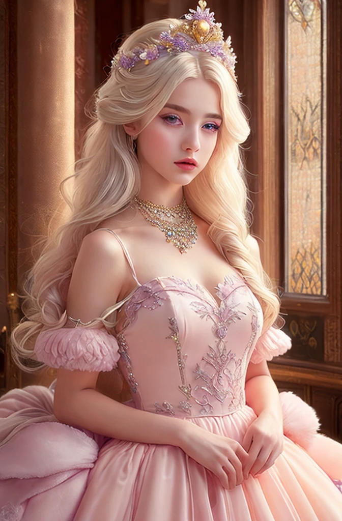 White Blonde hair, fluffy hair, stylish hair, long hair, lilac eyes, perfect eyes, beautiful, perfect face, tween, dainty , short, kind, curvy, a flowing pale airy gown with ruffles along the bottom with tiny pink flowers and gold dragon embroideries with flowers, Her tiara had a pretty teal gemstones, silver necklace, noble class, royal, royalty, red castle, feasting hall, medieval, elegant surroundings, soft dewy makeup look, light peach blush, soft tan eyeshadow, light coral lipstick, cutesy, girlish, girly, guileless, ingénue, princess , whimsical lighting, Targaryen, dragons in the sky, photorealistic
