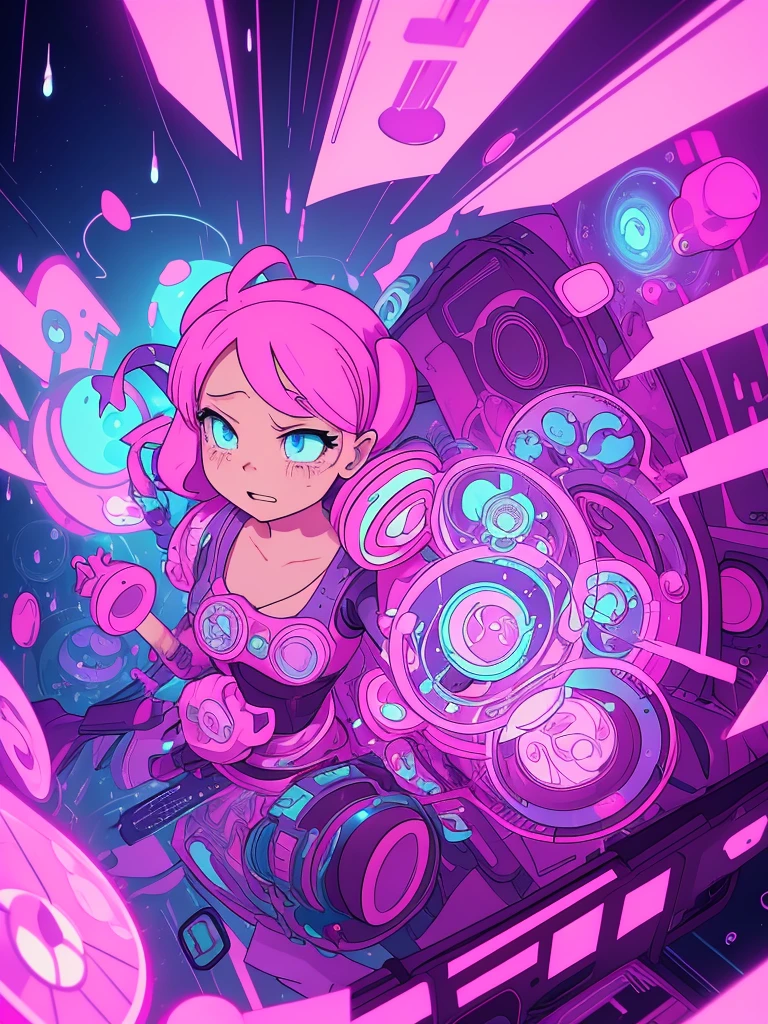 A panthasm and vibrant cartoon render crafted in of pink, exuding a and tecnology atmosphereon. Glitch effect,The lettering is adorned with drops carved face of a crying ghost scary with representation in drops, and charming details like a small distortion and broken add an hacker touch.Binary background hacker in purple and grand depth of the field image make it visually mesmerizing, as if transporting the viewer into a magical world.Vibrant, cinematic, cartoon render
