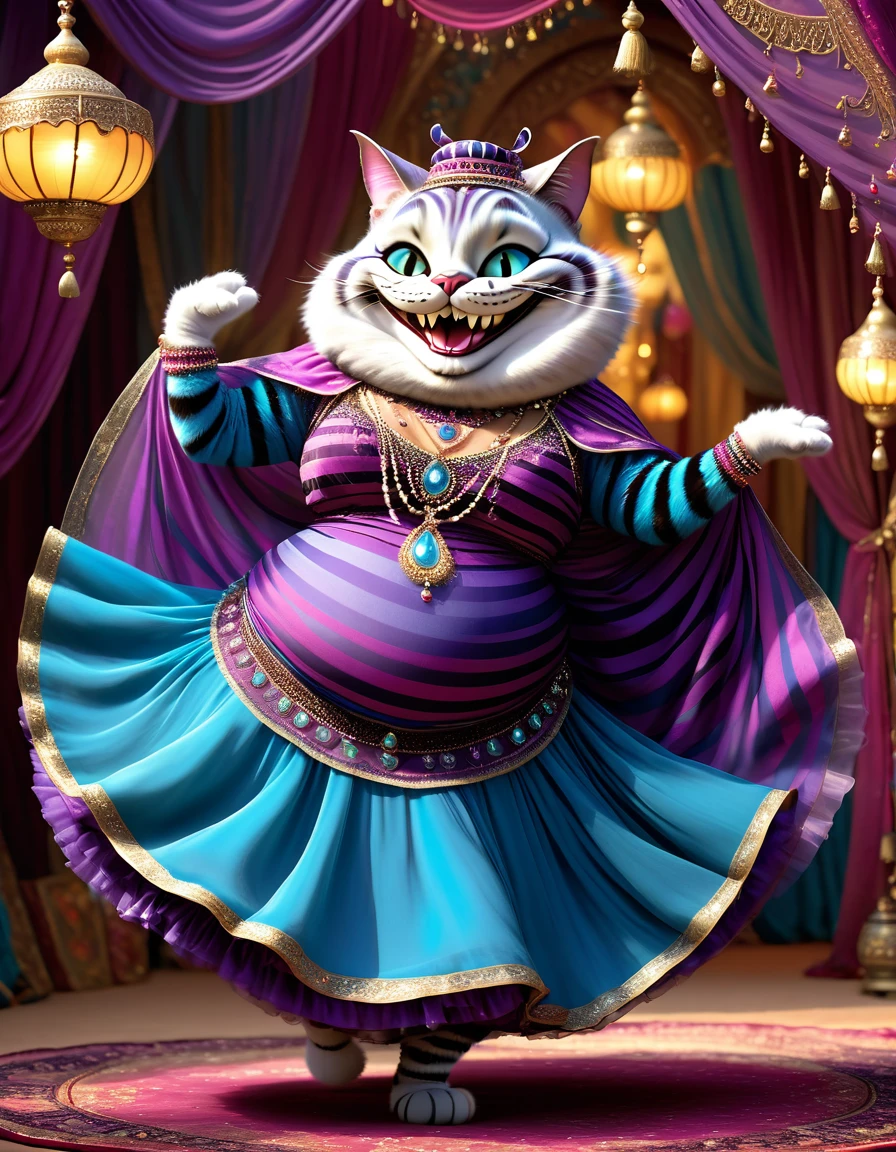 photorealistic portrait of Dressed animals - a ((fat)) ((Cheshire cat)) dancer,(furry), (dynamic dancing:2.0), (swinging arms :2.0),(smile:1.5),high quality,(happy),(lovely) ,intricate details, (sheer veil), highly detailed (( gypsy belly dancing clothes)) ,highly detailed decorations of clothes, Wearing gypsy belly dancing clothes, , (happy), soft lighting,(full body image:1.5),Arabian palace background,(viewed from side:2.0),