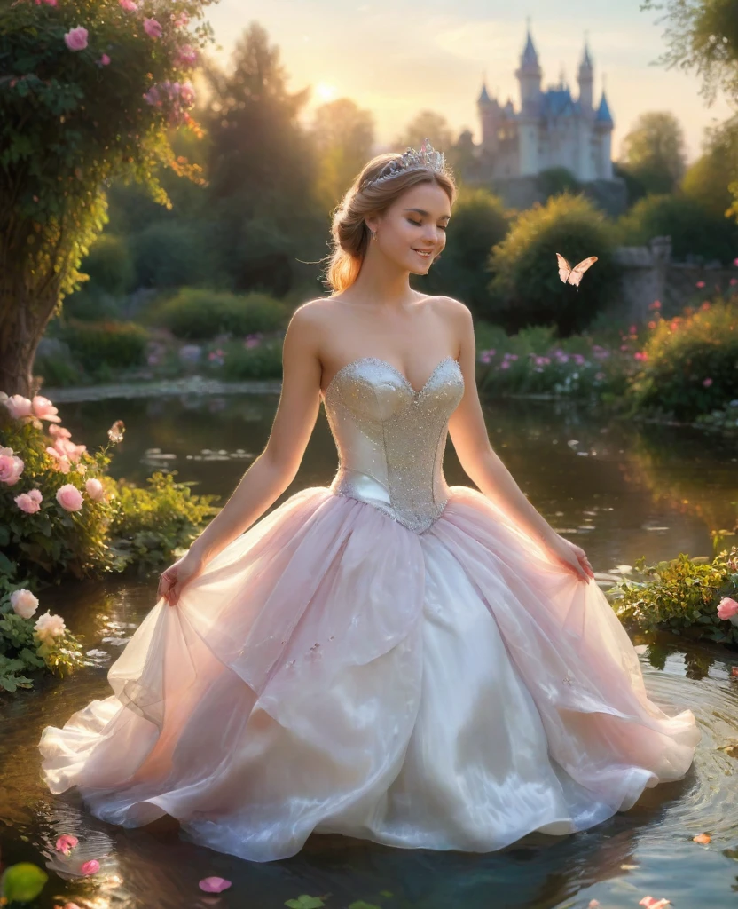 princess in blissful languor, daydreaming of Prince Charming, soothing lullaby music, luxurious satin gown, sparkling tiara, charming smile, warm golden sunlight, soft floral fragrance, dreamy atmosphere, gentle breeze, tender and romantic, whispering love stories, fairytale castle in the background, whimsical butterflies dancing around, enchanted garden, delicate rose petals falling from the sky, graceful swans swimming in a crystal-clear pond, vibrant colors,pastel hues, soft and dreamy lighting, ethereal and magical scenery, beautiful shiny smooth, high quality, best quality, absurdres, masterpiece, beautiful, intricate details, 1/2 body crop, slim body, beautiful figure, magnificent anatomy, (intricate details:1.12), HDR, (intricate details, hyper-detailing:1.15), (natural skin textures, hyper realisitc, soft light, Sharp:1.2)
