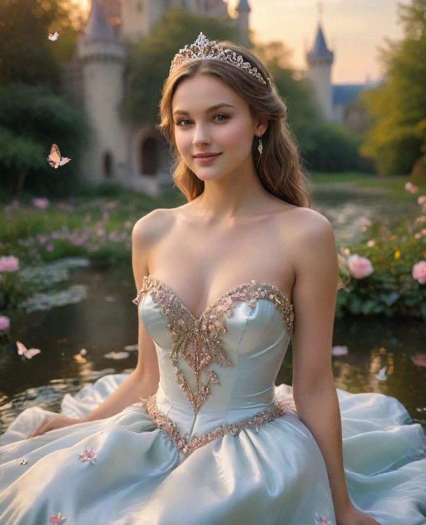 princess in blissful languor, daydreaming of Prince Charming, soothing lullaby music, luxurious satin gown, sparkling tiara, charming smile, warm golden sunlight, soft floral fragrance, dreamy atmosphere, gentle breeze, tender and romantic, whispering love stories, fairytale castle in the background, whimsical butterflies dancing around, enchanted garden, delicate rose petals falling from the sky, graceful swans swimming in a crystal-clear pond, vibrant colors,pastel hues, soft and dreamy lighting, ethereal and magical scenery, beautiful shiny smooth, high quality, best quality, absurdres, masterpiece, beautiful, intricate details, 1/2 body crop, slim body, beautiful figure, magnificent anatomy, (intricate details:1.12), HDR, (intricate details, hyper-detailing:1.15), (natural skin textures, hyper realisitc, soft light, Sharp:1.2)