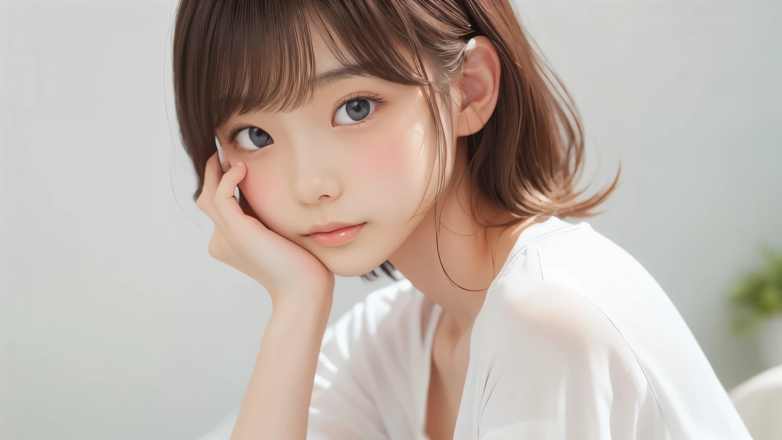 Asian, beautiful, thin, cute, 30th Generation, beautiful Face, beautiful Skin, actress, mature, Upper Body, Light brown hair, thin髪, Live Action, masterpiece, Highest quality, Highly detailed CG Unity 8K wallpaper, Ultra-high resolution, Casual Fashion, Lighting, Summer Fashion, (Natural brown hair: 0.8), (Puffy eyes), Watch the audience, turn around, Bleached Hair, Model pose, White Background, Delicate skin types, Light curly hair, Put your hands around your mouth, White T-shirt, Hair model photo