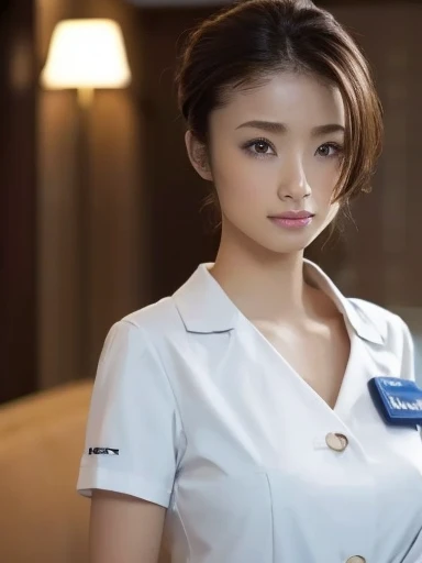 1 Girl,(Wearing white nurse clothes:1.2),(RAW Photos, Highest quality), (Realistic, photo-Realistic:1.4), masterpiece, Very delicate and beautiful, Very detailed, 2k wallpaper, wonderful, finely, Very detailed CG unity 8k wallpaper, Very detailedな, High resolution, Soft Light, Beautiful detailed girl, Very detailed eyes and face, Beautiful and detailed nose, finely beautiful eyes, nurse, Perfect Anatomy, Black Hair, Upstyle, nurse uniform, ((nurse cap)), Long skirt, nurse, White costume, thin, hospital, clear, White Uniform, hospital room, Neck auscultation,Close your face,Upper Body Shot