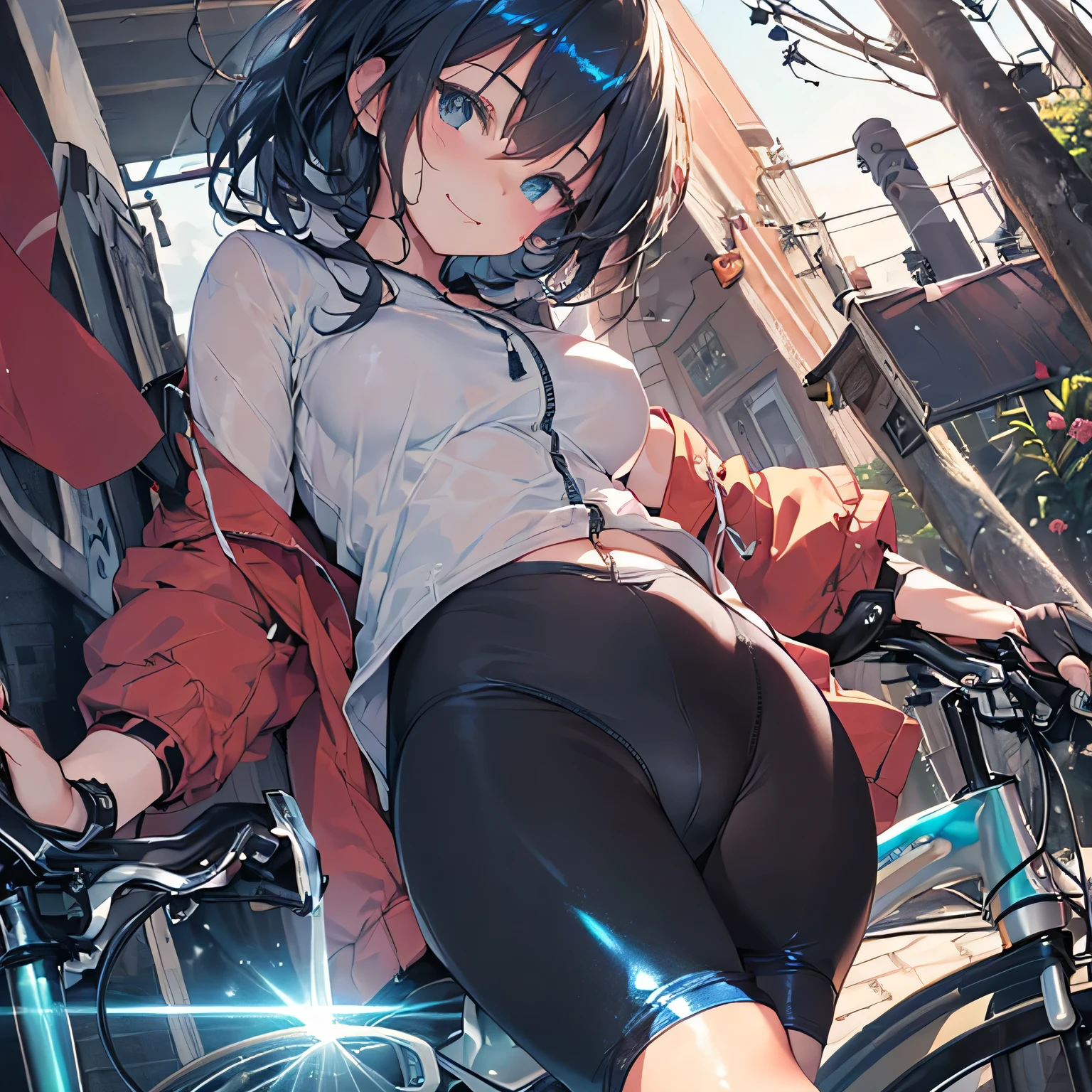 (((Perfect photo))), One Girl, alone, , Azusa Nakano, , Jacket, View your viewers, smile、 SFW with hidden breasts, Big ample breasts!, SFW Big, Beautiful and seductive anime woman, Big ample breasts!!, Bust ratio adopted, Highest quality, Official Art, Best Anatomy, ((Super shiny bike shorts,:1.5))、Glowing Skin、Cowboy Shot, (A super close-up of the crotch)、(((From below、Between the legs,Focus the head, chest and legs in the center of the screen.:1.8)))