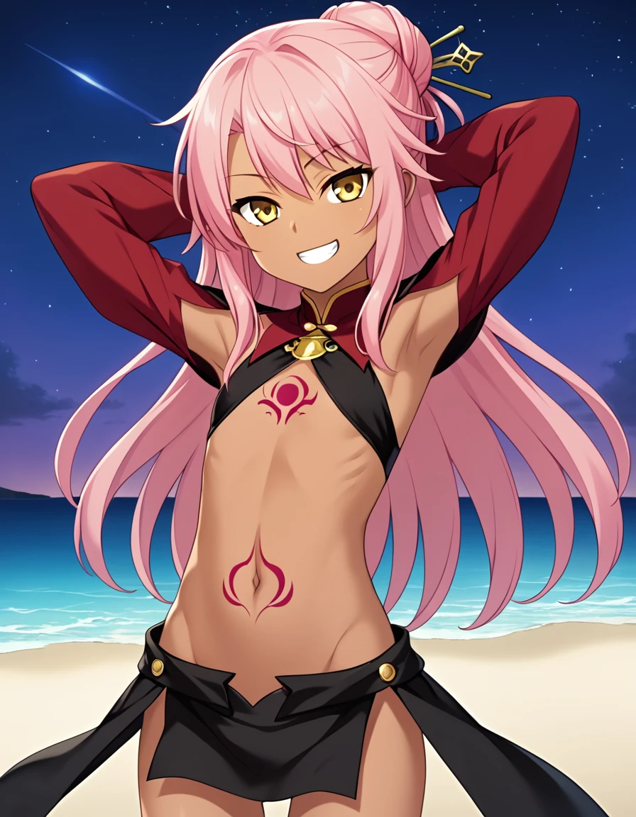 chloebase, pink hair, long hair, hair bun, hairpin, yellow eyes, dark skin, dark-skinned female, long sleeves, stomach tattoo, midriff, waist cape, 1girl, solo, younger, flat chest,
high quality, solo, night sky, beach, arms behind head, contrapposto, closed mouth, spread armpits, (cowboy shot:1.5), looking at viewer, grin, best quality, game cg, anime screencap, official art, masterpiece, best quality