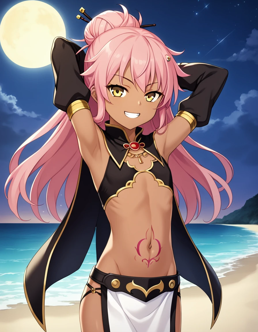chloebase, pink hair, long hair, hair bun, hairpin, yellow eyes, dark skin, dark-skinned female, long sleeves, stomach tattoo, midriff, waist cape, 1girl, solo, younger, flat chest,
high quality, solo, night sky, beach, arms behind head, contrapposto, closed mouth, spread armpits, (cowboy shot:1.5), looking at viewer, grin, best quality, game cg, anime screencap, official art, masterpiece, best quality