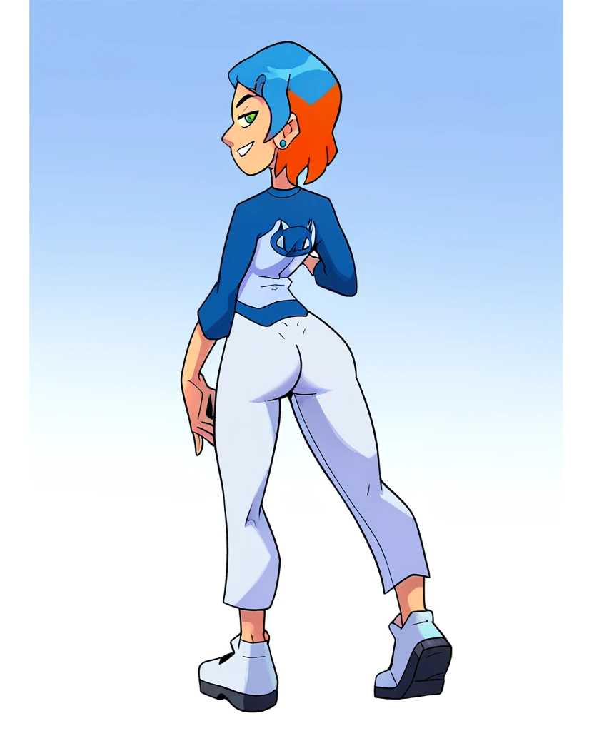 gwen, 1girl, solo, two-tone orange hair, short hair, long hair-bang, blue hairclip, blue stud earrings, green eyes, raglan sleeves, two-tone blue cat print shirt, white capri pants, white footwear, standing, huge ass, juciy ass, back few, looking back at viewer, seductive expression, thick thighs, dangling cock, big cock, huge ass cheeks 