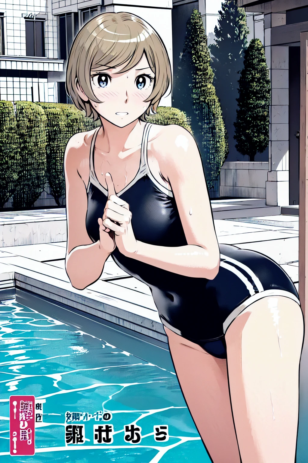 Blue school swimsuit、(masterpiece、Highest quality)、Highest quality, Ultra-high resolution, (((masterpiece))), alone, Sweat、Big eyes, Composition from the front、Shortcuts、Embarrassed face、Blonde、Cut your hair short、School swimming pool、short hair、Pussy Line、Browsing Caution、Butt