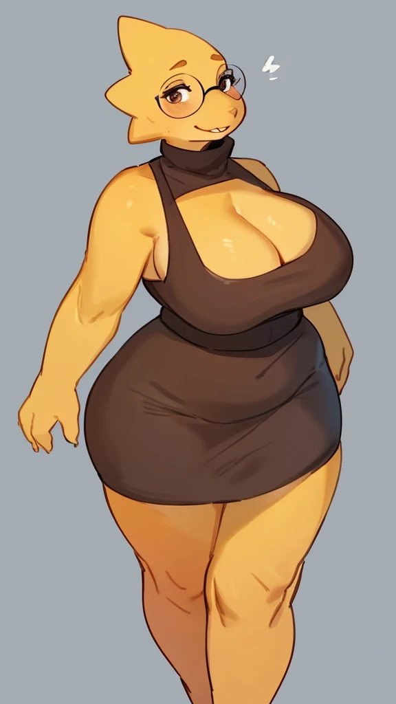 By bebebebebe, by lostgoose, by goonie-san, solo, standing, female,alphys, tan skin, dark tan, dark brown eyes, glasses, turtleneck, cleavage, curvy,bbw,big booty