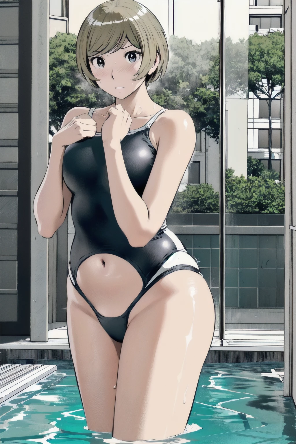 Blue school swimsuit、(masterpiece、Highest quality)、Highest quality, Ultra-high resolution, (((masterpiece))), alone, Sweat、Big eyes, Composition from the front、Shortcuts、Embarrassed face、Blonde、Cut your hair short、School swimming pool、short hair、Pussy Line、Browsing Caution、Butt