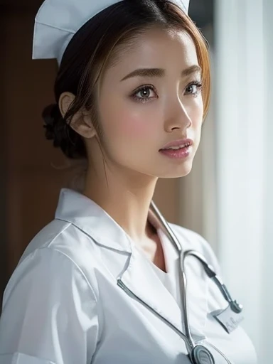 1 Girl,(Wearing white nurse clothes:1.2),(RAW Photos, Highest quality), (Realistic, photo-Realistic:1.4), masterpiece, Very delicate and beautiful, Very detailed, 2k wallpaper, wonderful, finely, Very detailed CG unity 8k wallpaper, Very detailedな, High resolution, Soft Light, Beautiful detailed girl, Very detailed eyes and face, Beautiful and detailed nose, finely beautiful eyes, nurse, Perfect Anatomy, Black Hair, Upstyle, nurse uniform, ((nurse cap)), Long skirt, nurse, White costume, thin, hospital, clear, White Uniform, hospital room, Neck auscultation,Close your face,Upper Body Shot