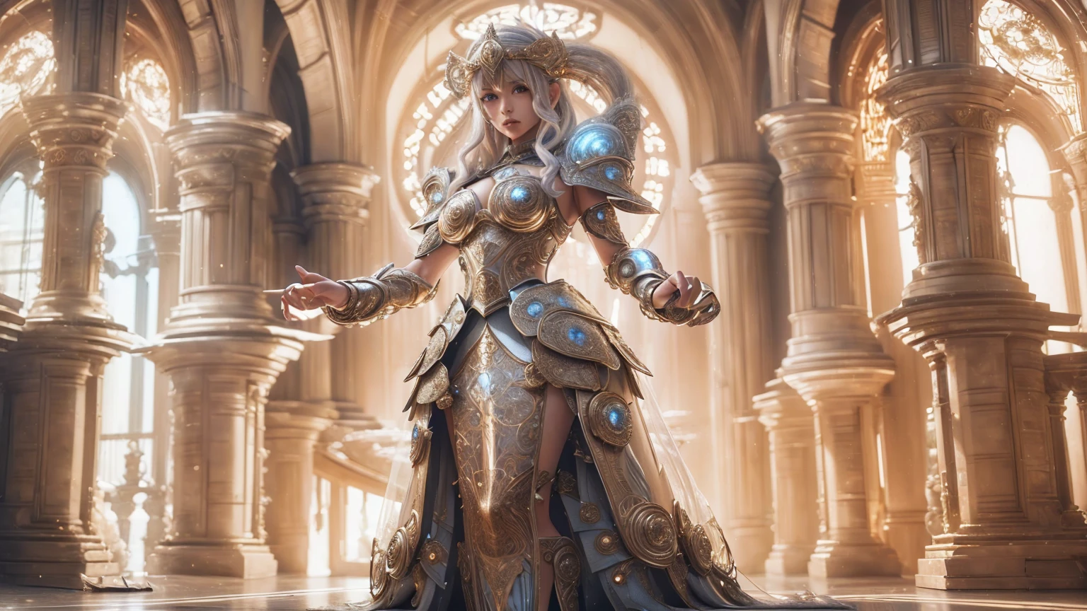 highly detailed fantasy artUltra-burly body、Flying hair,highly details eye,pretty eyes,busty, Detailed beautiful face, feminine ,musculature、Intricate openwork pattern armor,Thick wild hair,Fantasy setting,Full body standing painting,dynamicposes,white backgrounid,2D character concept,character art,Character portrait,tmasterpiece,best qualtiy,Best resolution,Strong visual impact,8K, angel girl, blonde platinum long hair, (hair on knees), heterochromia, gold paladin armor, final fantasy, (cute rounded face), childish face