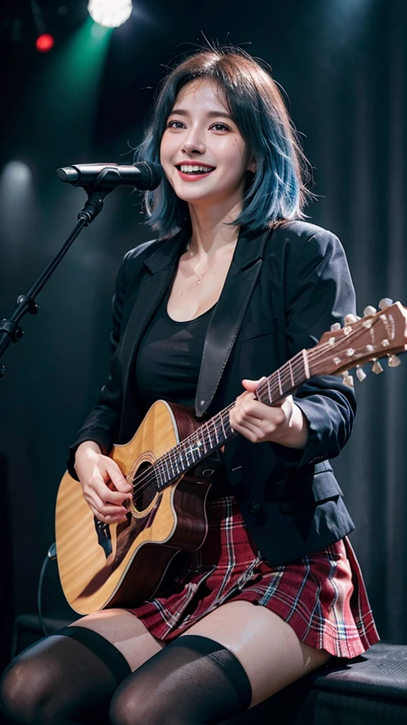 ((best quality)), photorealistic, photorealism, Photorealistic, high resolution, ((School girl blazer、 black t shirt、Red checked knee-length skirt、Long skirt、JK Style、Jacket、smile、Knee-high socks、Thigh-high socks、pantyhose))、smile、A superb beauty、Super cute、ennui、Rare beauty、Very Short hair、Sad、white skin、pale skin, Very short hair layered、Cute Smile、Fragrant beauty、Billboard background、Masterpiece、Best Quality、Refers to 5 books、Sweat glistening on my chest、Sweat glistening on my face、Large breasts、Blue hair、Age 20 years old、Mysterious look、A sad expression、Blue Hair、Glamorous concert stage、Enchanting lighting、Sweating profusely all over the body、A lot of sweat and light on the thighs、Shiny thighs、Plenty of sweat glistening on the thighs、A large amount of sweat glistens on my thighs、Sweating profusely、Gal、Large breasts、Beautiful face、Alluring expression、Sitting、Sitting playing guitar、Thick thighs、Playing guitar、I have a guitar、Sing a song enthusiastically、Playing guitar in a band、Rock band、Playing guitar chords、Live House Background、Sing a song、Open your mouth、Live house scenery、Mic stand、Glamorous live stage、Dynamic Angle、Cinematic lighting, Colorfull lighting