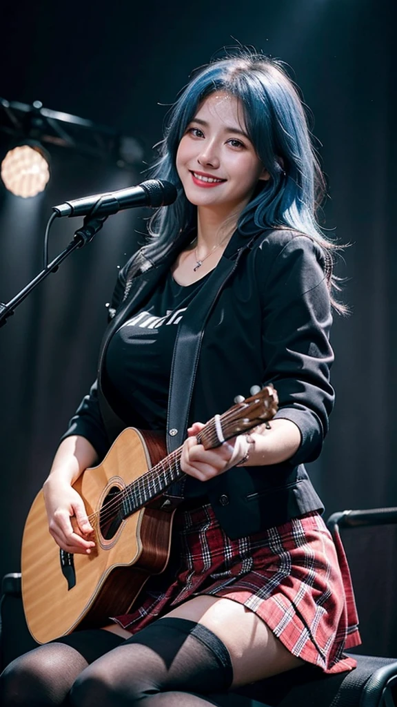 ((best quality)), photorealistic, photorealism, Photorealistic, high resolution, ((School girl blazer、 black t shirt、Red checked knee-length skirt、Long skirt、JK Style、Jacket、smile、Knee-high socks、Thigh-high socks、pantyhose))、smile、A superb beauty、Super cute、ennui、Rare beauty、Very Short hair、Sad、white skin、pale skin, Very short hair layered、Cute Smile、Fragrant beauty、Billboard background、Masterpiece、Best Quality、Refers to 5 books、Sweat glistening on my chest、Sweat glistening on my face、Large breasts、Blue hair、Age 20 years old、Mysterious look、A sad expression、Blue Hair、Glamorous concert stage、Enchanting lighting、Sweating profusely all over the body、A lot of sweat and light on the thighs、Shiny thighs、Plenty of sweat glistening on the thighs、A large amount of sweat glistens on my thighs、Sweating profusely、Gal、Large breasts、Beautiful face、Alluring expression、Sitting、Sitting playing guitar、Thick thighs、Playing guitar、I have a guitar、Sing a song enthusiastically、Playing guitar in a band、Rock band、Playing guitar chords、Live House Background、Sing a song、Open your mouth、Live house scenery、Mic stand、Glamorous live stage、Dynamic Angle、Cinematic lighting, Colorfull lighting