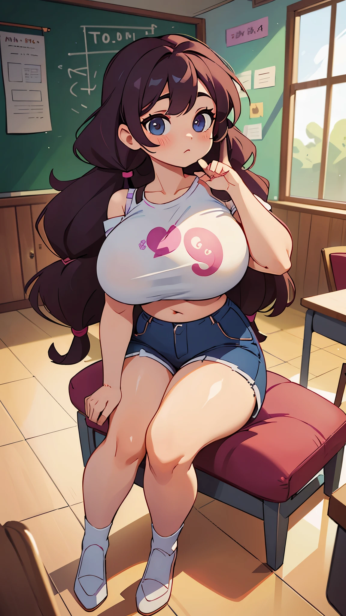 Cool beauty,Looks sweet,long curls hairstyle, (only wearing croptop shirt, off-shoulders), show clavage, show big thigh, plump body, huge breast, full body photo, seductive pose, sitting on a chair. In classroom.