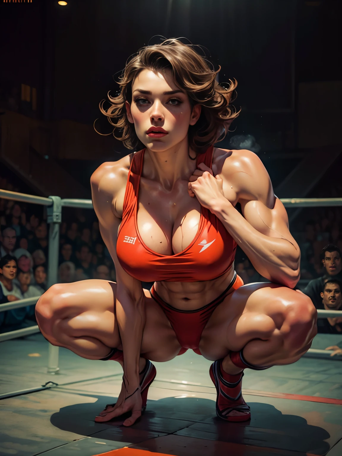 (Training, squats, sweating: 1.4),(female wrestler), muscular physique, six pack abs, dramatic wrestling outfit, on wrestling ring stage in spotlight, detailed portrait, (highest quality, 4k, 8k, high resolution, masterpiece:1.2), ultra detailed, (realistic, photorealistic, photorealistic:1.37), dynamic action poses, dynamic lighting, cinematic composition, highly detailed facial features, highly detailed eyes and face, long eyelashes, chiaroscuro lighting, dramatic shadows, striking color palette, vibrant colors,