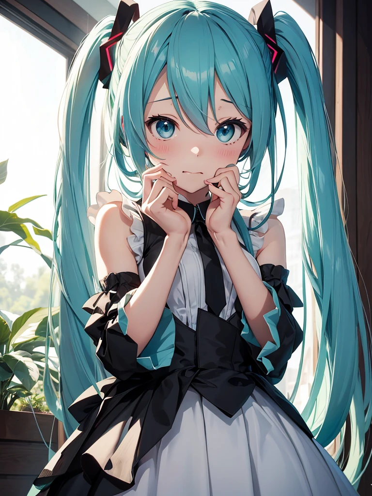 hatsune miku, very cute, very embarrassed, sucking figers, black weeding dress