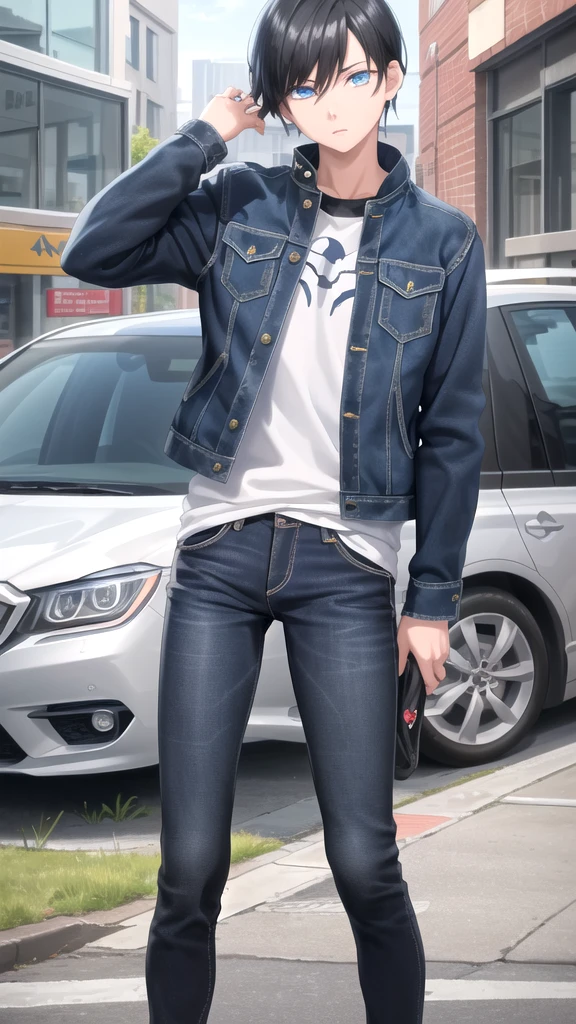 masterpiece, best quality, high quality, 1boy, solo, 14-year-old boy,evil boy,male focus, looking at viewer , black hair, old-school swoop haircut,blue jean jacket ,black shorts,blue eyes, 