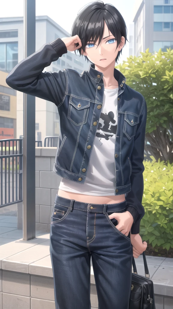 masterpiece, best quality, high quality, 1boy, solo, 14-year-old boy,evil boy,male focus, looking at viewer , black hair, old-school swoop haircut,blue jean jacket ,black shorts,blue eyes, 