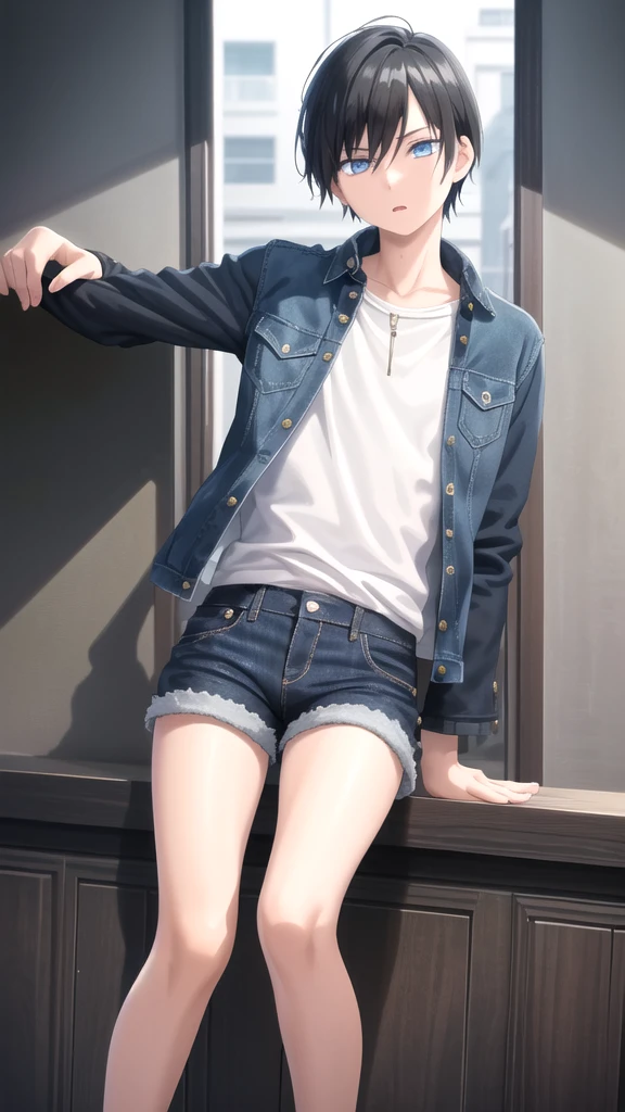 masterpiece, best quality, high quality, 1boy, solo, 14-year-old boy,evil boy,male focus, looking at viewer , black hair, old-school swoop haircut,blue jean jacket ,black shorts,blue eyes, 