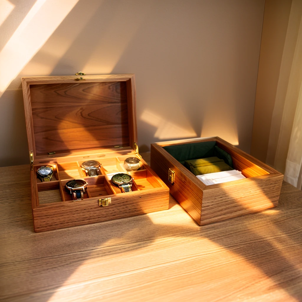 In this cozy room,A ray of sunlight shone on the table through the half-drawn curtains,Let the wood grain on the watch storage case shine with a faint sheen。There is a calm and serene atmosphere in the surrounding air。Several still lifes hang on the walls of the room,It adds a touch of elegance to the space。And on the other side of the room,A half-open window lets the breeze blow in,The pages on the small desk by the window flipped in the wind,This quiet scene gives a sense of tranquility and comfort。