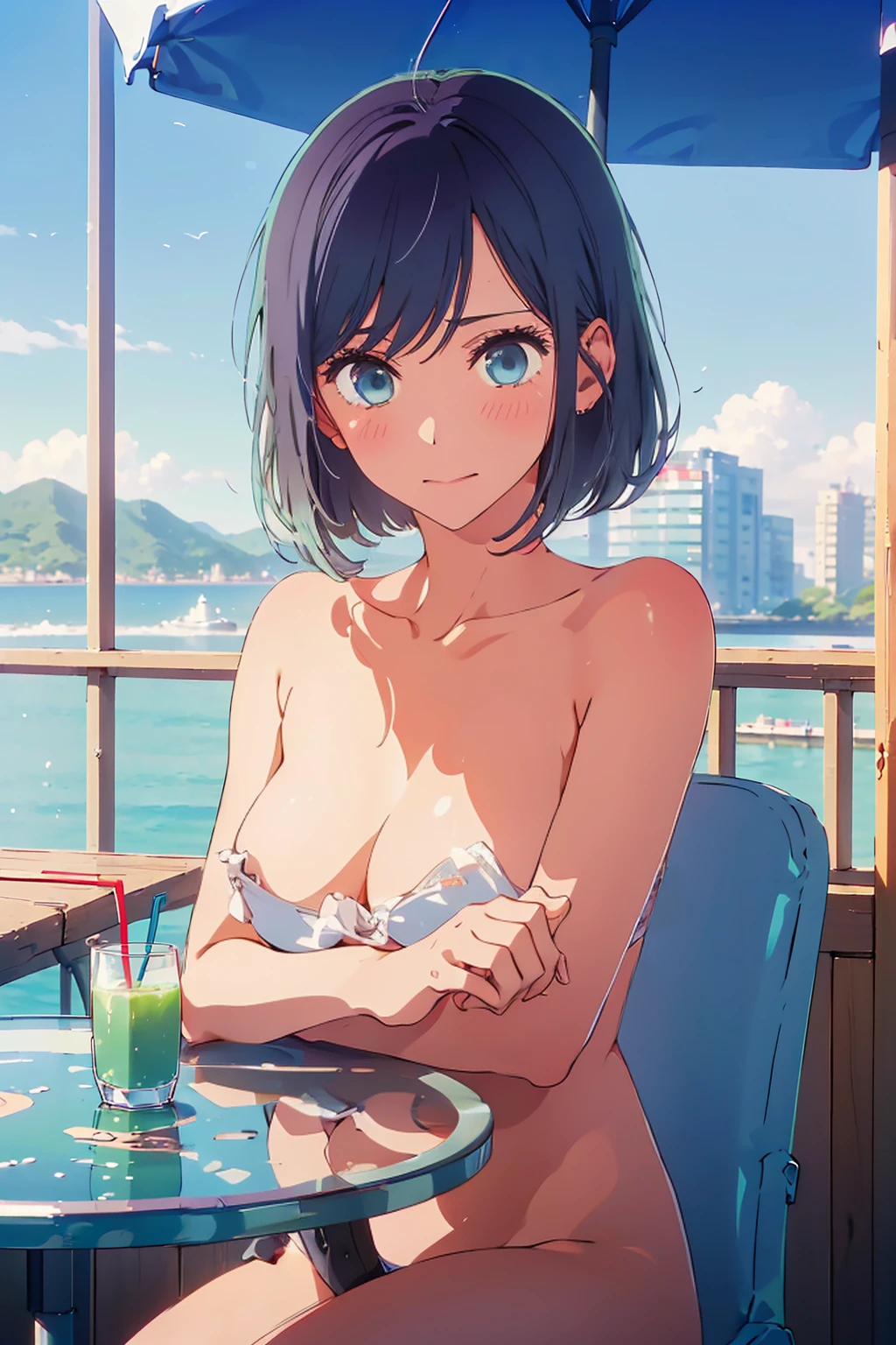 (Highest quality:1.4、8K:1.4、detailed)、F cup bust、Big Breasts、Slim body、Very white beautiful skin、((((1 person、Surprised expression、sit、Chair、In the background are the urban buildings of Tokyo、looking at the camera、Outdoor café terrace、coastal、Navy hair color、juice、Shooting up close、table、Very cute face))))、((((nude、Areola))))、(Pose with hair tucked behind ears with both hands:1.4)、Nipples、bikini、Very blue sky、A completely cloudless sky