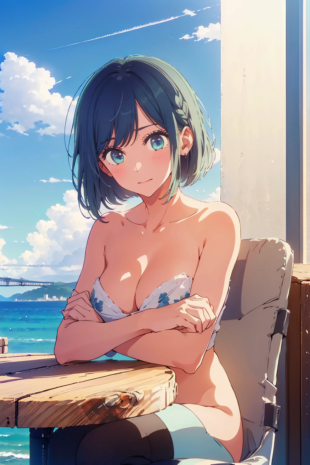 (Highest quality:1.4、8K:1.4、detailed)、F cup bust、Big Breasts、Slim body、Very white beautiful skin、((((1 person、Surprised expression、sit、Chair、In the background are the urban buildings of Tokyo、looking at the camera、Outdoor café terrace、coastal、Navy hair color、juice、Shooting up close、table、Very cute face))))、((((nude、Areola))))、(Pose with hair tucked behind ears with both hands:1.4)、Nipples、bikini、Very blue sky、A completely cloudless sky
