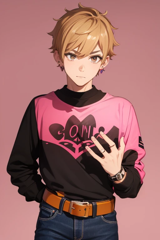Gumball Handsome 18 year old boy with blonde brown hair, with a pink streak, light skin, pierced ears, honey brown eyes, open pink sweatshirt, black shirt with a candy castle print, black belt, red jeans, looking directly at the viewer on a white background.