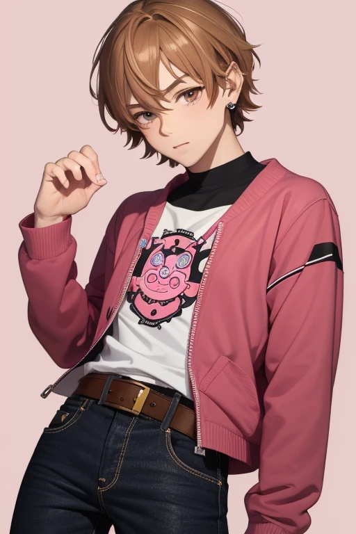 Gumball Handsome 18 year old boy with blonde brown hair, with a pink streak, light skin, pierced ears, honey brown eyes, open pink sweatshirt, black shirt with a candy castle print, black belt, red jeans, looking directly at the viewer on a white background.