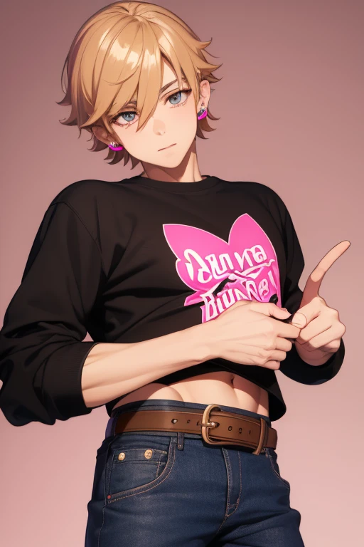 Gumball Handsome 18 year old boy with blonde brown hair, with a pink streak, light skin, pierced ears, honey brown eyes, open pink sweatshirt, black shirt with a candy castle print, black belt, red jeans, looking directly at the viewer on a white background.