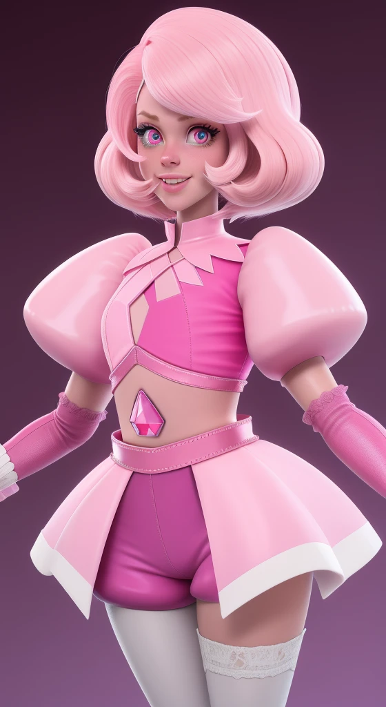 pnkdamond, pink hair, pink eyes,  long hair,  stomach gem,  pink skin,  toned, 
puffy short sleeves, elbow gloves ,  white thighs,   Puffy dress, 
standing, Upper part of the body, 
 outer space,  
(incredibly detailed, beautiful detailed face,Beautiful detailed eyes, Masterpiece, Best Quality) cinematic lighting,  SMILE, 
 