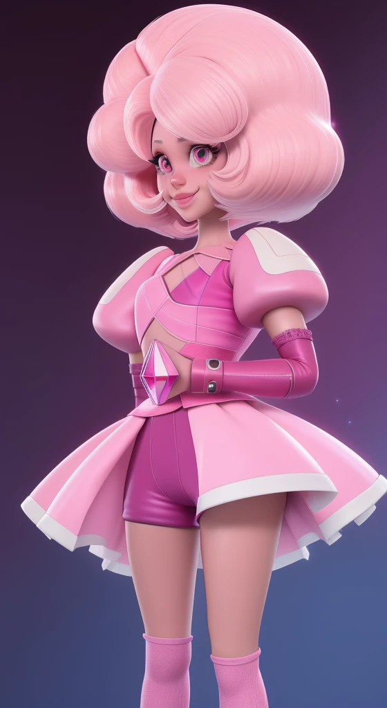 pnkdamond, pink hair, pink eyes, long hair, stomach gem, pink skin, toned,
puffy short sleeves, elbow gloves , white thighs, Puffy dress,
standing, Upper part of the body,
outer space,
(incredibly detailed, beautiful detailed face,Beautiful detailed eyes, Masterpiece, Best Quality) cinematic lighting, SMILE,