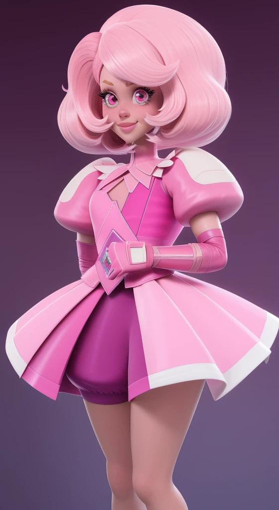 pnkdamond, pink hair, pink eyes,  long hair,  stomach gem,  pink skin,  toned, 
puffy short sleeves, elbow gloves ,  white thighs,   Puffy dress, 
standing, Upper part of the body, 
 outer space,  
(incredibly detailed, beautiful detailed face,Beautiful detailed eyes, Masterpiece, Best Quality) cinematic lighting,  SMILE, 
 