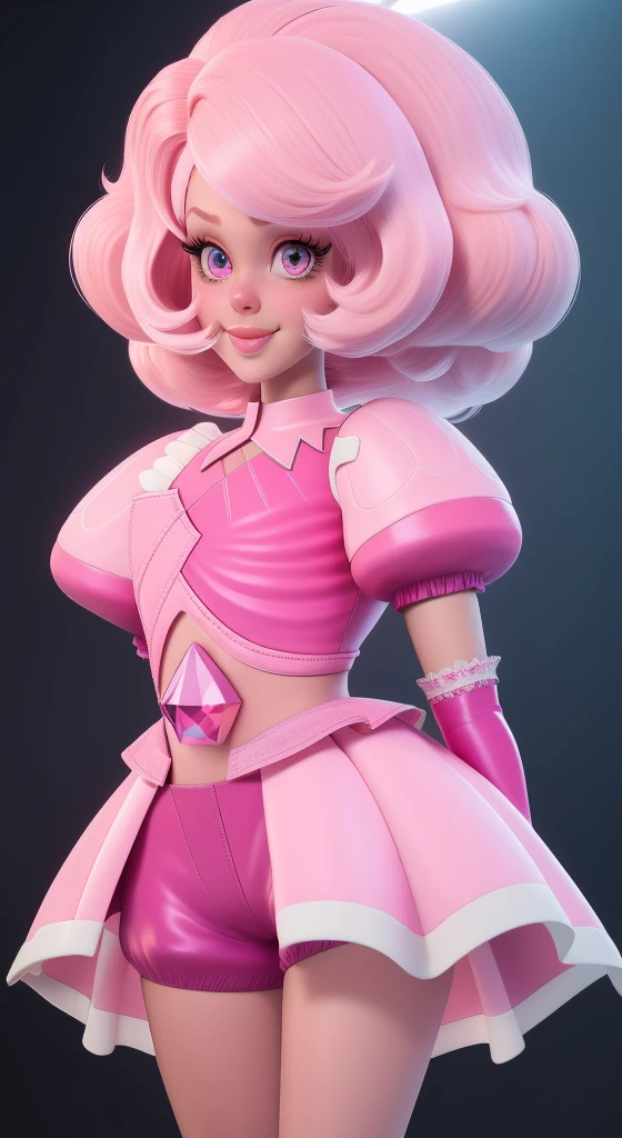 pnkdamond, pink hair, pink eyes,  long hair,  stomach gem,  pink skin,  toned, 
puffy short sleeves, elbow gloves ,  white thighs,   Puffy dress, 
standing, Upper part of the body, 
 outer space,  
(incredibly detailed, beautiful detailed face,Beautiful detailed eyes, Masterpiece, Best Quality) cinematic lighting,  SMILE, 
 