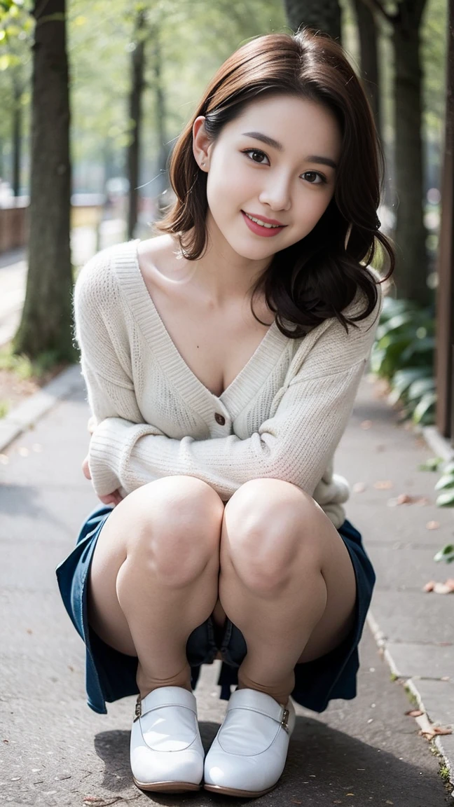 (Skin blemishes:1.2), (Skin Indentation), Dark circles, 1Missl, 25 years old, (((Miss))), Solitary, Practical, best quality, Reality, proficient, 8K, high resolution, Solitary, Extremely detailed face, (Professional lighting，Bokeh），（Light Particles，lens flare，Glowing particles：0.6），（Dynamic poses：1.2），Soft Lighting，Top angle view，fashionable atmosphere， (A girl in the forest),（（During the day)), sky sky, ((Looking at the audience:1)), (Looking at the camera), Gorgeous, stand up, Maintain original facial proportions, Shave your shoulders, Full Body Love, (Medium ), (Short and delicate hair), Brown hair, Flutter, Open lips, Lipstick, 迷人的Smile, Smile, Open your mouth, teeth, (Blue grey tight sweater), (White）（Business Mini Skirt), eyelash, birthmark, (Mole under the eye: 1),Proportionate legs, Thin and white，A pair of lotus feet，White and tender，No shoes，Delicate and beautiful feet，Full body image