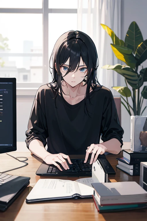 cute man with long black hair, wearing black shirt, eyes at the computer,, looking at the computer screen, using the computer in a room