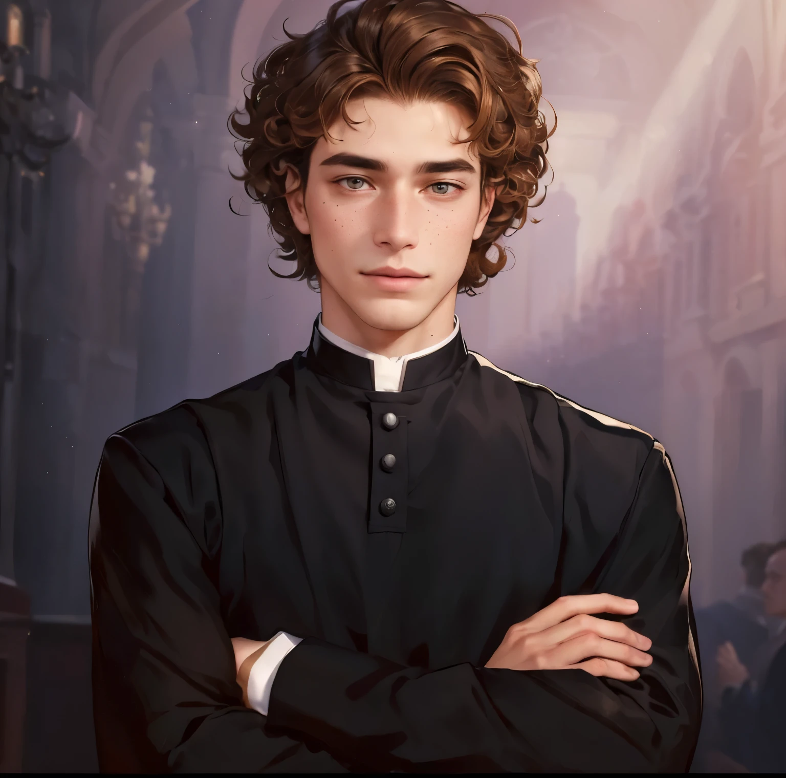 a handsome pastor, arms crossed, 30 years-old, athletic and slender frame, fair skin, honey-colored eyes, light brown curly hair, adorned with freckles across his face, wearing priest clothes, masterpiece