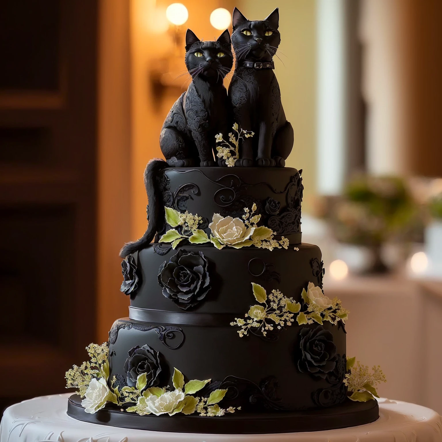 there are two black cats sitting on top of a black cake, black cats, also very detailed, stunningly detailed, exquisitely detailed, dark and intricate, with intricate details, immaculately detailed, an intricate, animal - shaped cake, cake art, with an intricate, look at all that detail!, cake sculpture, with lots of details, with intricate detail
