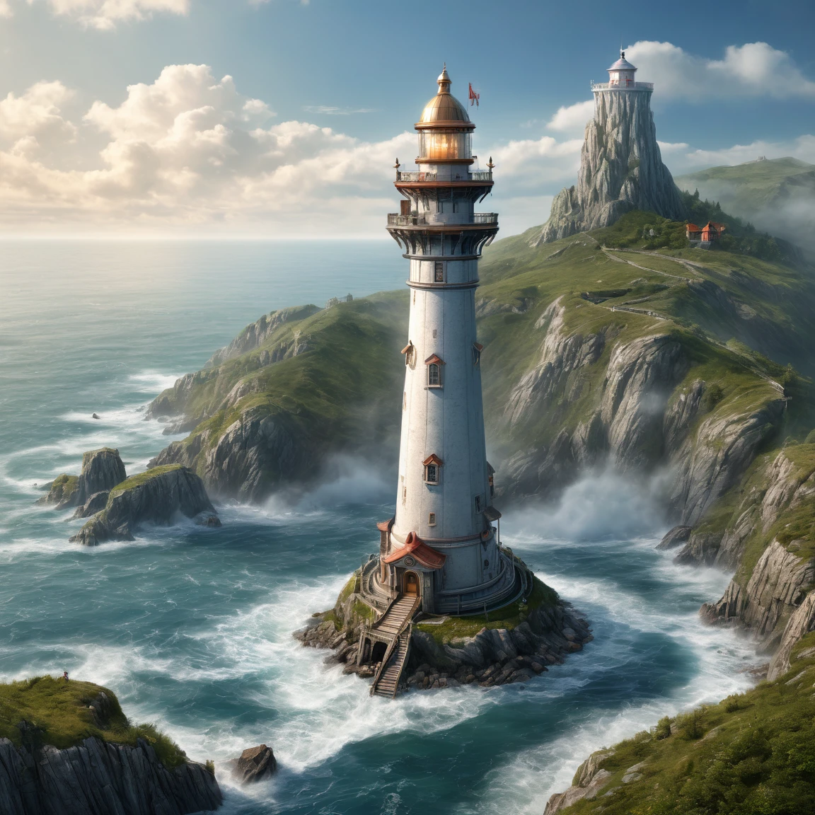 (best quality)), ((masterpiece)), ((realistic,digital art)), (super detailed), (gigantic elf lighthouse 300 meters high), (medieval fantasy style), front view