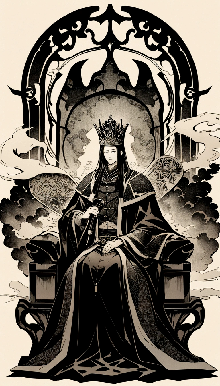 dry ink brush, ink art, flying effect, illustration, A cunning and strategic portrait of Cao Cao, a warlord from the Three Kingdoms era. He wears a royal robe with dragon patterns, a crown, and has a sharp, intelligent look. He is seated on a throne, holding a fan, surrounded by maps and scrolls.