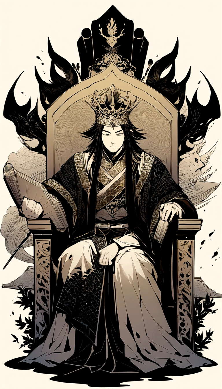 dry ink brush, ink art, flying effect, illustration, A cunning and strategic portrait of Cao Cao, a warlord from the Three Kingdoms era. He wears a royal robe with dragon patterns, a crown, and has a sharp, intelligent look. He is seated on a throne, holding a fan, surrounded by maps and scrolls.