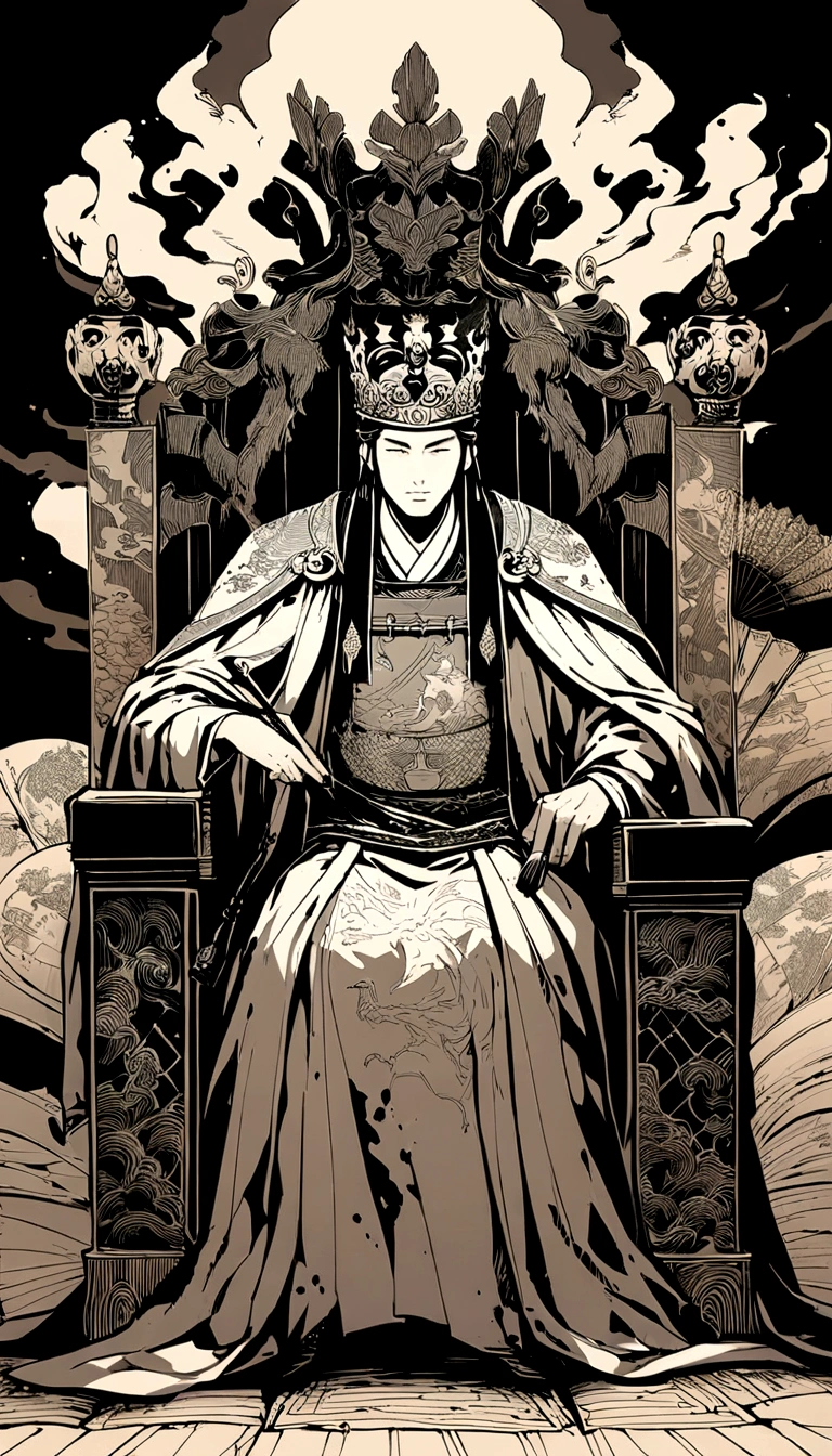 dry ink brush, ink art, flying effect, illustration, A cunning and strategic portrait of Cao Cao, a warlord from the Three Kingdoms era. He wears a royal robe with dragon patterns, a crown, and has a sharp, intelligent look. He is seated on a throne, holding a fan, surrounded by maps and scrolls.