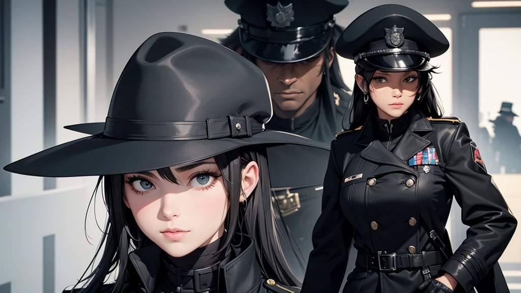 1 girl, solo, arafed women in a black uniform and a black hat, a black dieselpunk policewoman, in black military uniform, detective coat, officer, black greatcoat, police uniform, in black uniform, black armored uniform, dark coat, full uniform, inspired by Horace Vernet, officers uniform, he is wearing a black trenchcoat, dressed in black body armour, 4k res, ultra detailed, face detailed