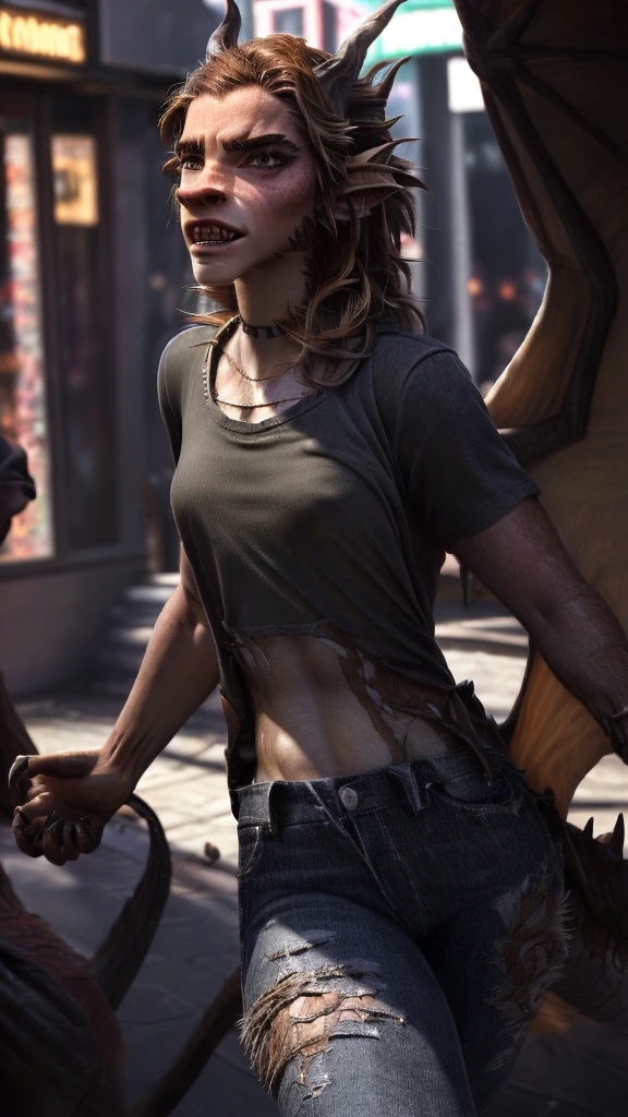 a beautiful girl with long brown hair, emma watson, sultry look, large breasts, ewt woman, transforming into a dragon, city street, t-shirt, jeans, clothes ripping, photo-realistic, intricate details, dramatic lighting, dark fantasy, cinematic, highly detailed, 8k, award winning, masterpiece, transformation, best quality