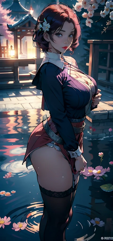 1woman，45 yeararried woman，milf，plump，extremely large breast， Alone，（background with：ponds，cherry blossom forest，lotto flower）Lie under water， she has short pink hair，seen from the front，， mostly cloudy sky，（（（Masterpiece），（Highly detailed CG Unity 8k wallpaper），The best quality，cinematic lighting，detailed background，Beautiful detailed eyes，bright pupils，black eyes，Snow white skin，red lip（very fine and beautiful），（Beautiful and detailed description of the eye.），ultra-detailed，Masterpiece，））looking to the camera，A high resolution，ultra-detailed），revealing breasts，Fair genitalia，  bulk，the legs are open，Sexy servant，camel toe，Dissatisfaction desire，Facade，（exhausting：Red sailor uniform，Fair ，）