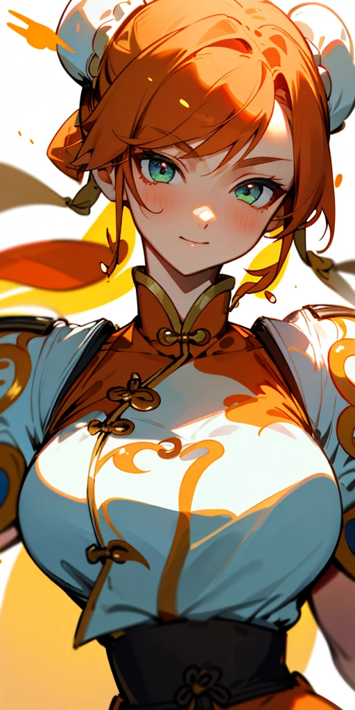 1 girl、one person、skinny body shape、orange clothes、orange hair、beautiful green eyes、intense joy on the face、white uniform with golden decorations、upper body close-up, style of Chun-li clothes