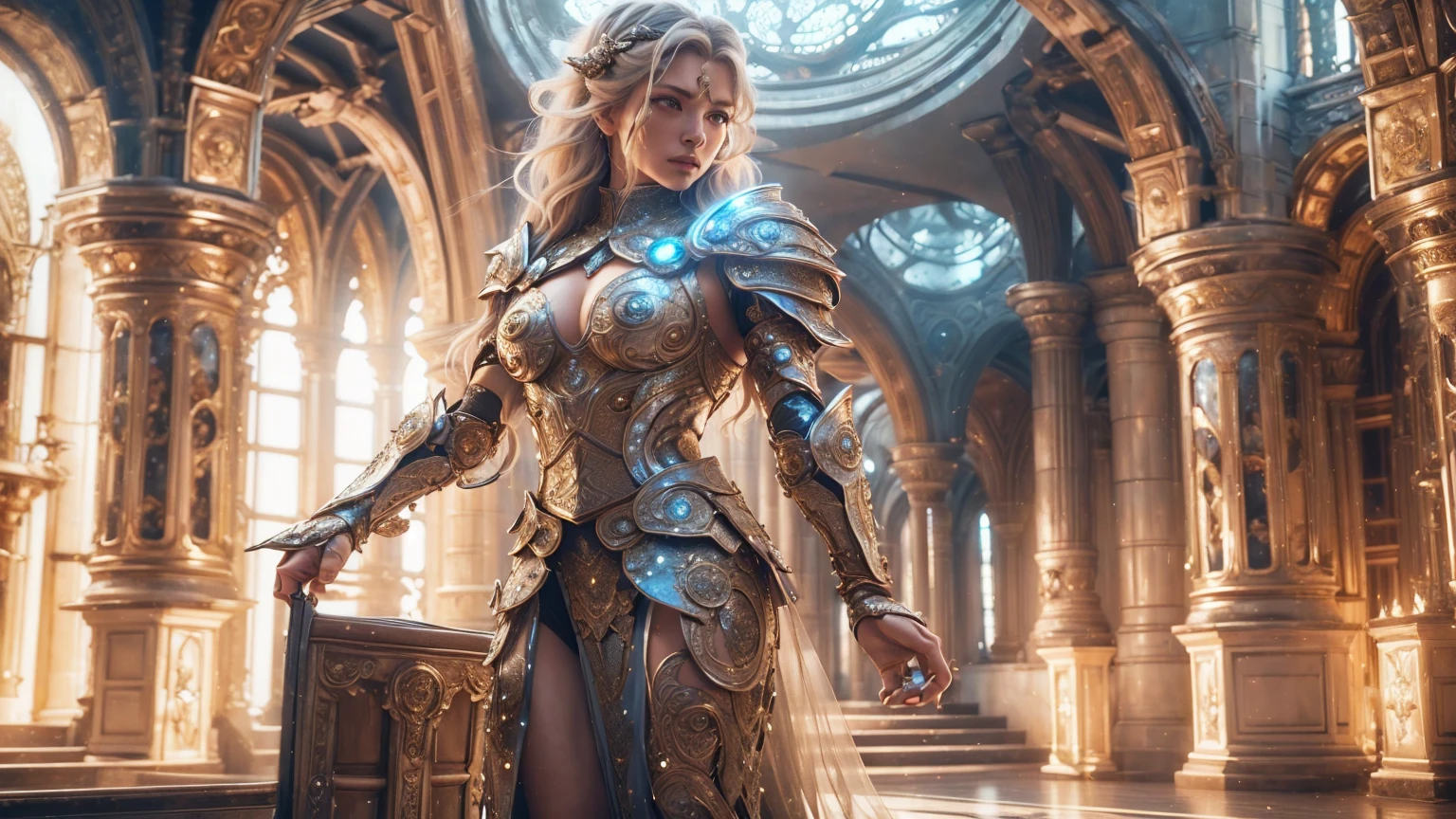 highly detailed fantasy artUltra-burly body、Flying hair,highly details eye,pretty eyes,busty, Detailed beautiful face, feminine ,musculature、Intricate openwork pattern armor,Thick wild hair,Fantasy setting,Full body standing painting,dynamicposes,white backgrounid,2D character concept,character art,Character portrait,tmasterpiece,best qualtiy,Best resolution,Strong visual impact,8K, angel girl, blonde platinum long hair, (hair on knees), heterochromia, gold paladin armor, final fantasy, (cute rounded face), childish face